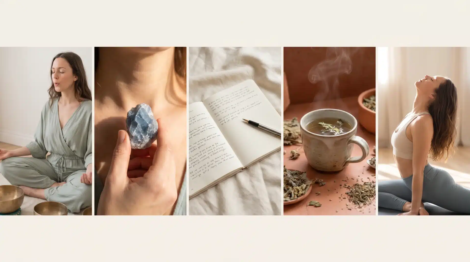 Five collage panels showing a woman meditating, holding a blue crystal, a journal, a mug of tea, and doing a neck-stretching yoga pose.