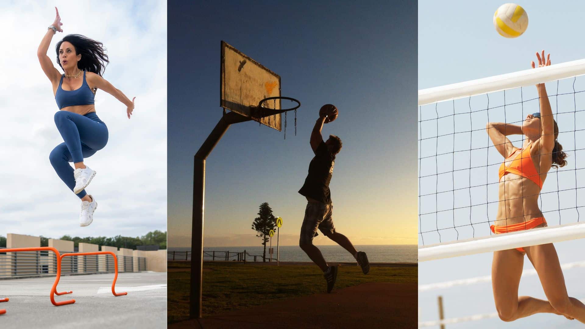Athletes practicing explosive jump training and volleyball drills demonstrating how to improve vertical jump and jumping power.