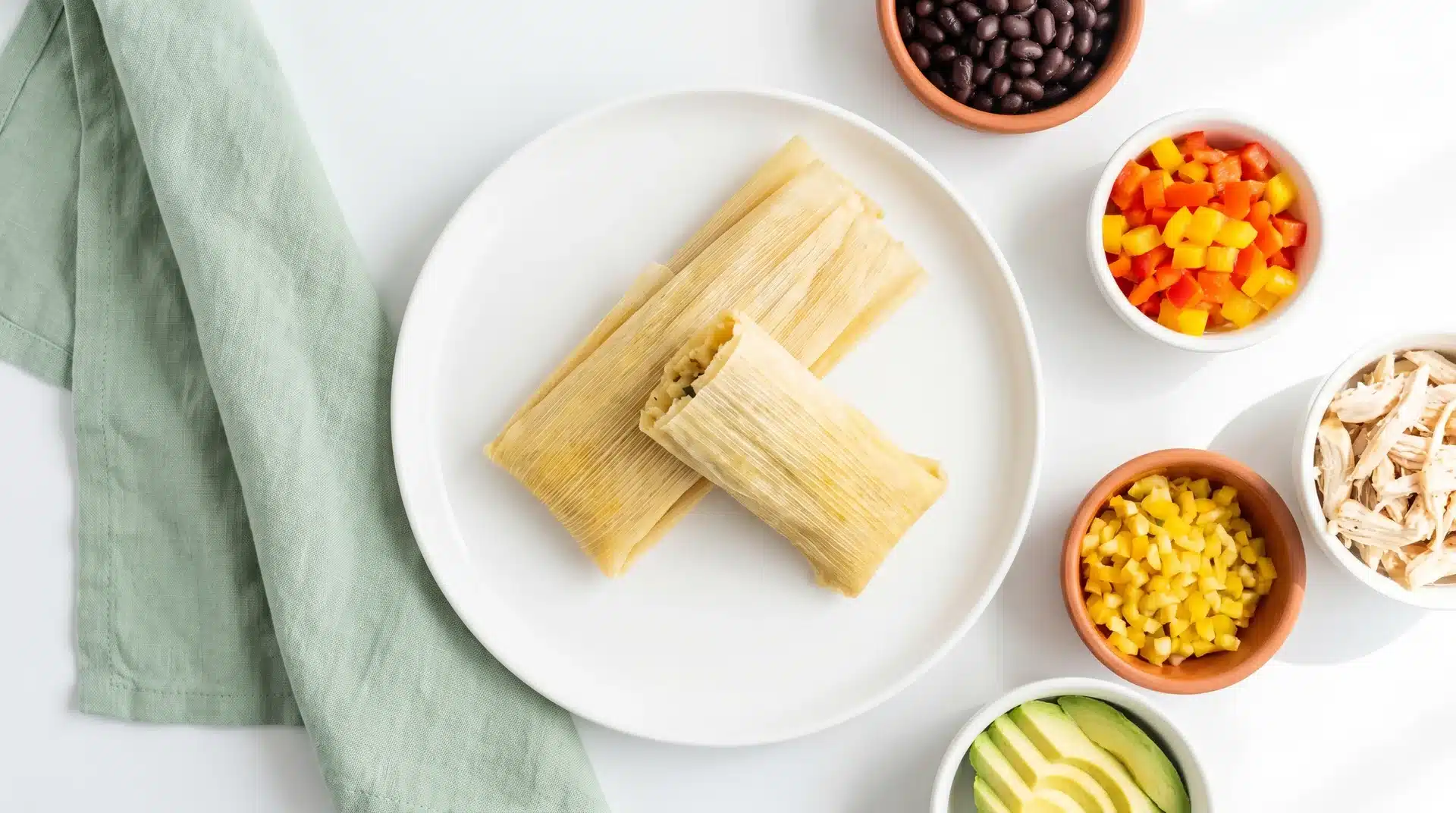 Alt Text: Two tamales on a white plate, surrounded by small bowls of fresh ingredients like black beans, corn, and shredded chicken.