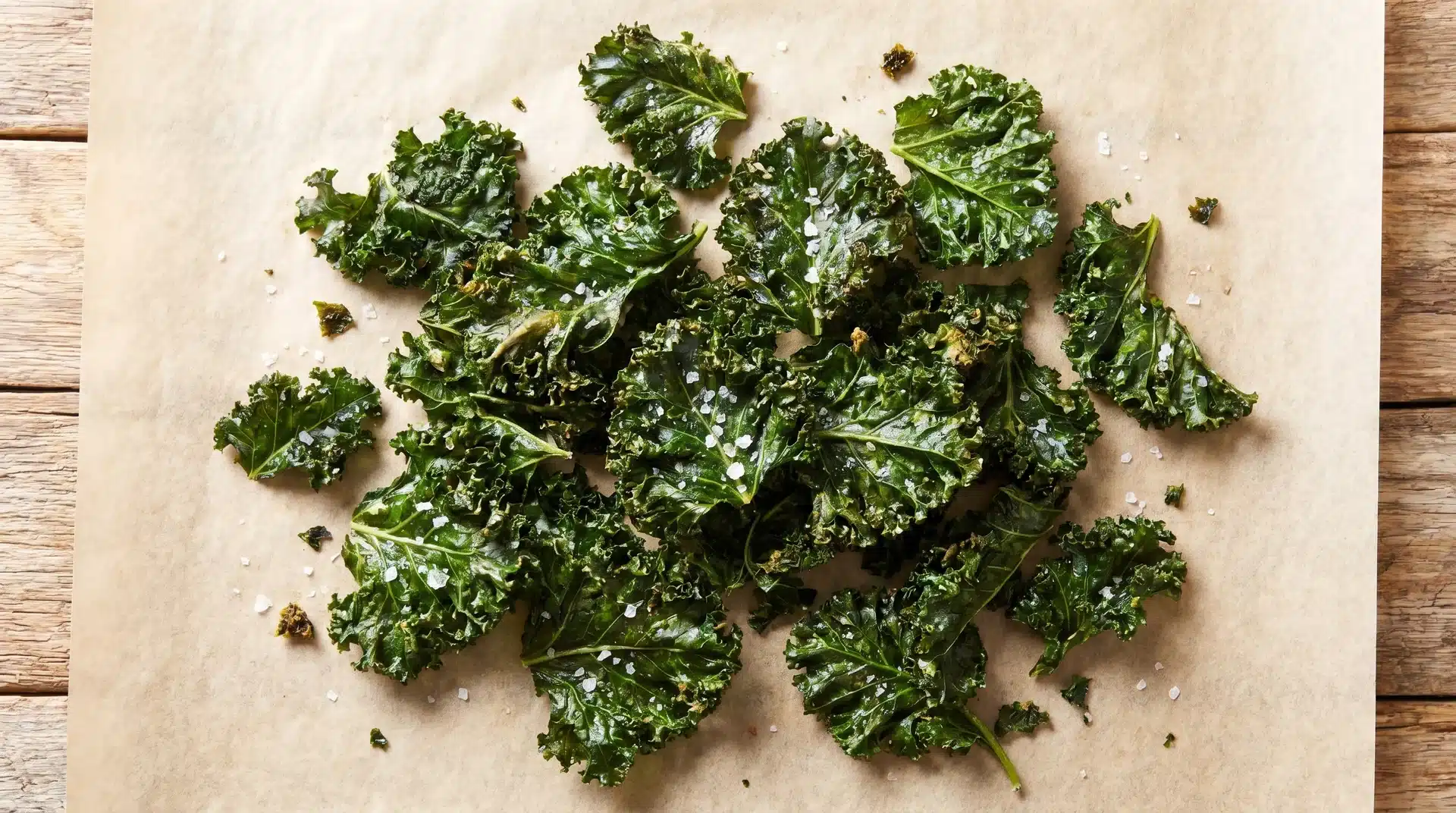 Crispy, dark green baked kale chips lightly sprinkled with sea salt, arranged on a piece of white parchment paper over a wooden surface.