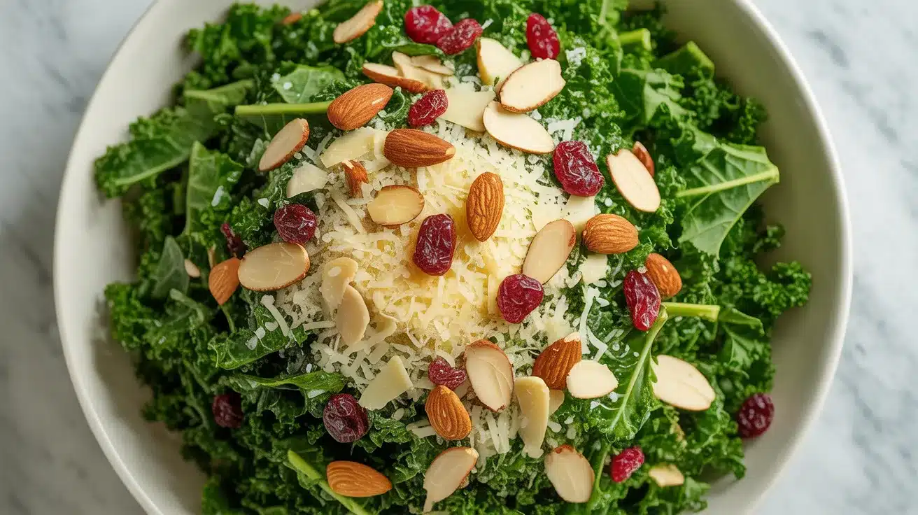 Fresh kale salad with almonds, cranberries, and cheese highlighting kale benefits for heart health, digestion, and nutrition.