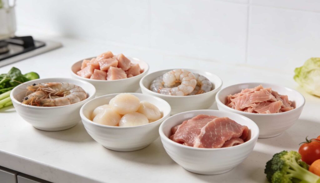Raw chicken breast, shrimp, scallops, and tuna arranged in small white bowls on a counter.
