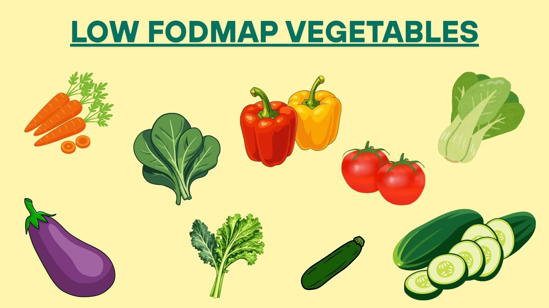 Low FODMAP vegetables including carrots, spinach, bell peppers, tomatoes, kale, cucumber, and eggplant for gut health.