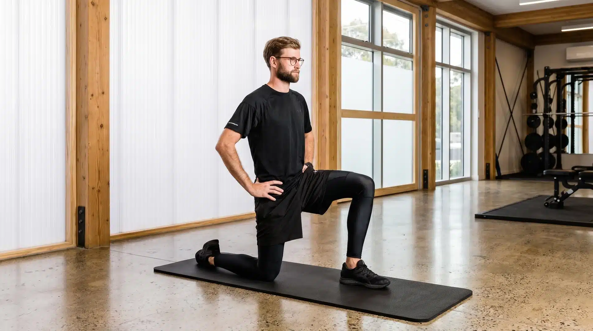 A side-view of a man with glasses and a black t-shirt performing a low lunge stretch on a black exercise mat in a gym studio.