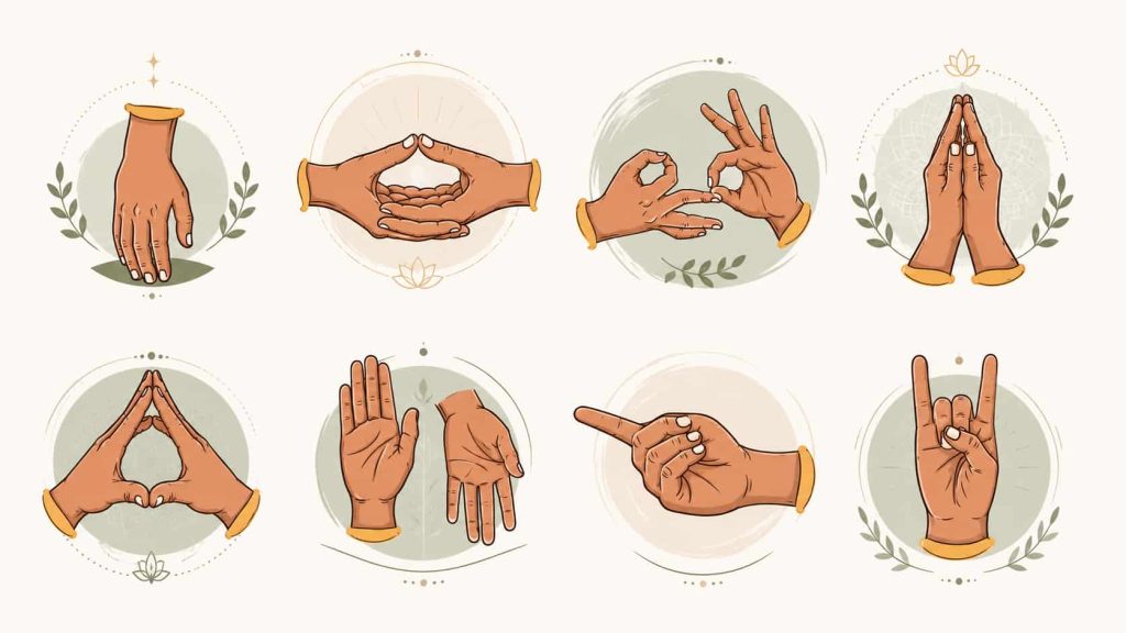 An illustration showing eight different hand mudras arranged in two rows of four against a light, encircled and decorated background.