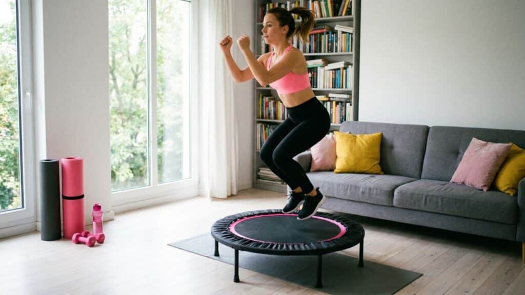 Woman doing a mini trampoline workout at home with rebounder exercise equipment for cardio fitness and low-impact training.