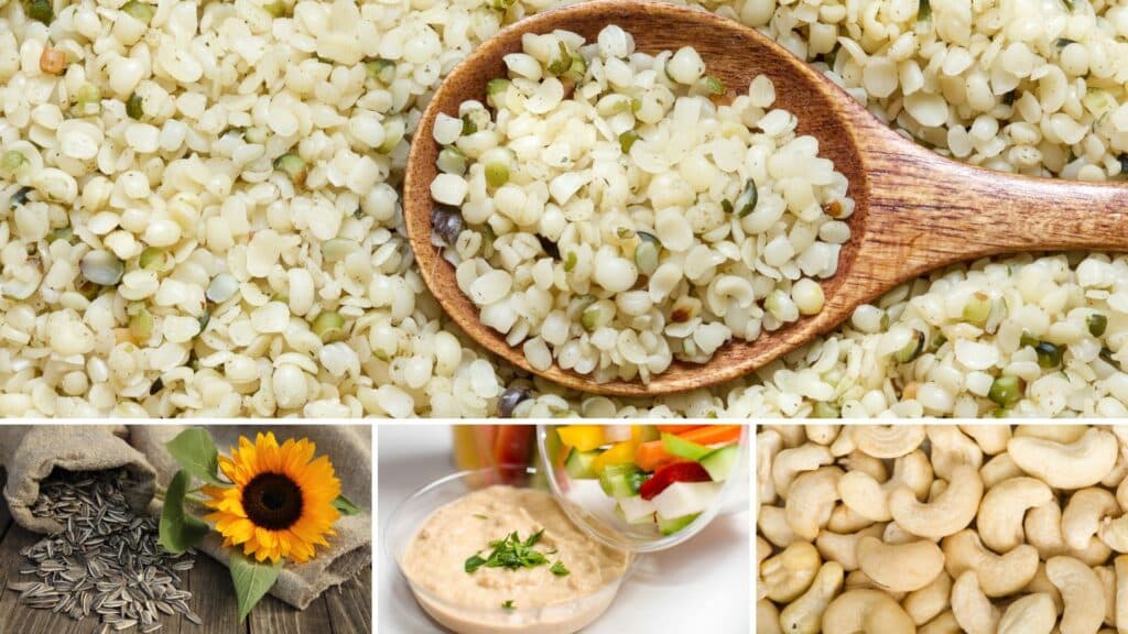 Collage of hemp seeds, sunflower seeds, hummus, and cashews as popular nutritional yeast substitute ingredients for recipes.