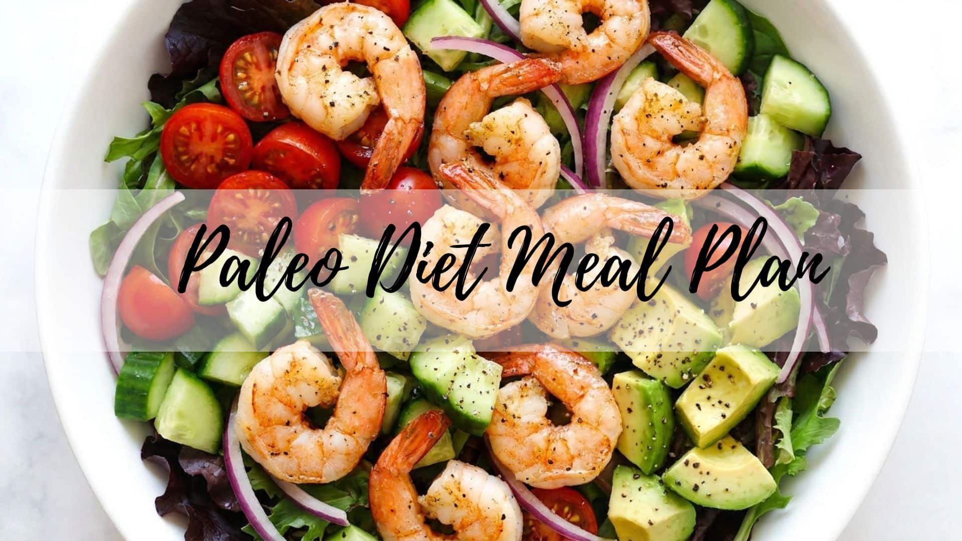 A paleo salad bowl with grilled shrimp, avocado, tomatoes, and greens. Overlay text reads: Paleo Diet Meal Plan.