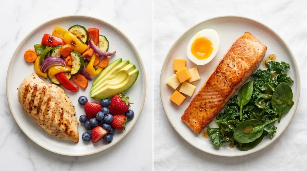 Two plates on a marble table: one with chicken, berries, and avocado; the other with salmon, eggs, and greens.