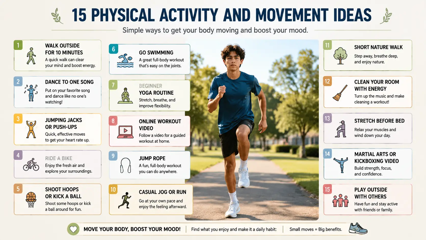 Infographic detailing 15 physical activity and movement coping skills for teen stress relief.