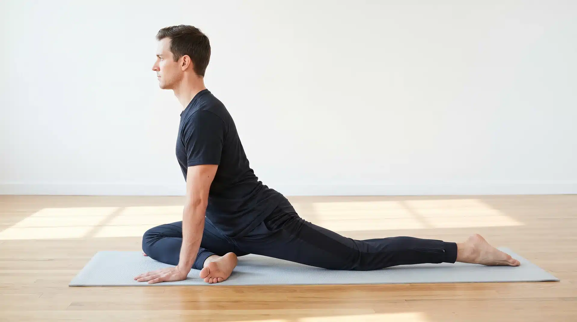 A side-view of a man with short dark hair and a black t-shirt performing a pigeon pose stretch on a light-colored floor in a bright studio.
