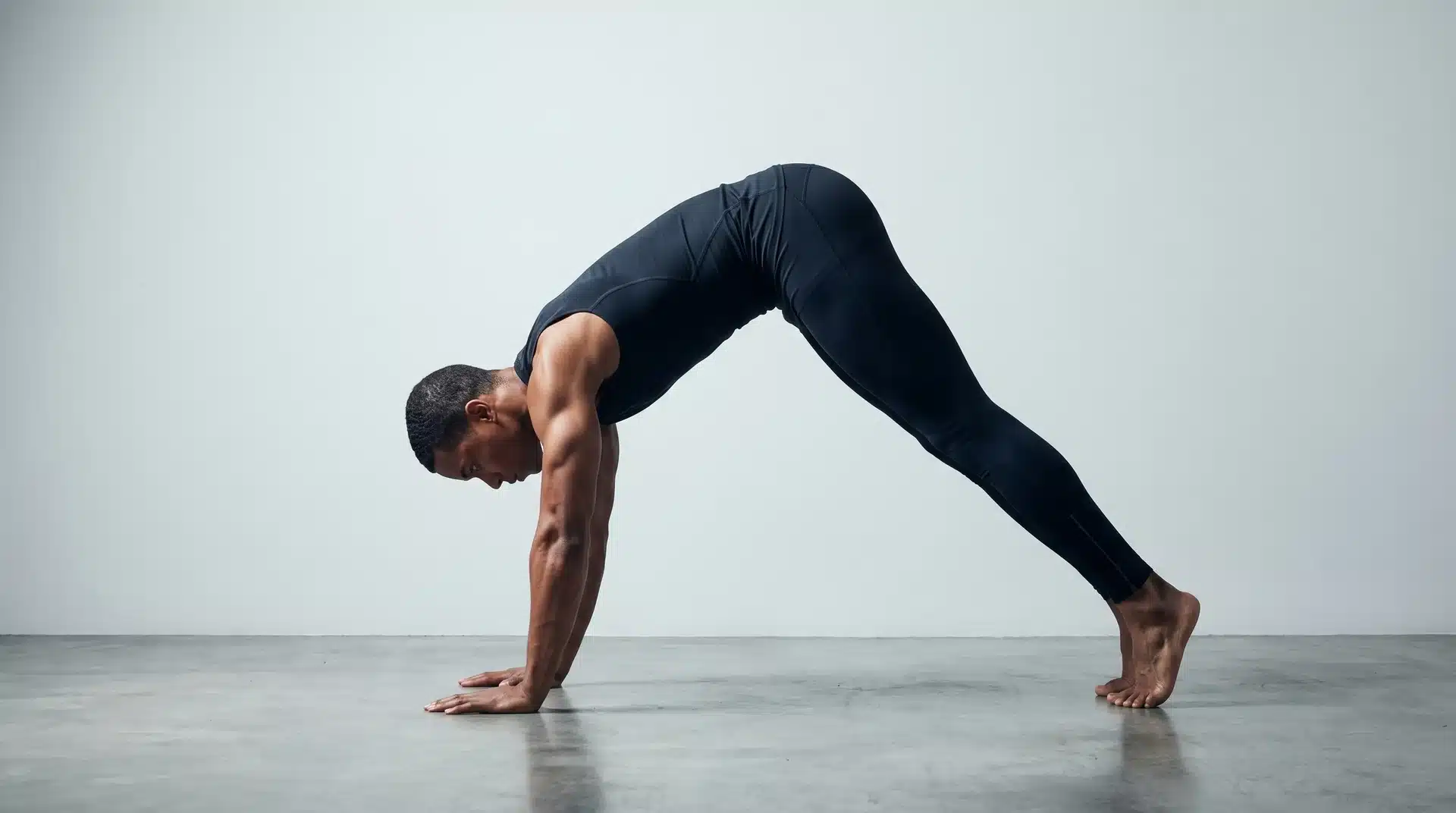 A side-view of a man with short dark hair performing a pike push-up position on a light-colored floor in a bright studio.