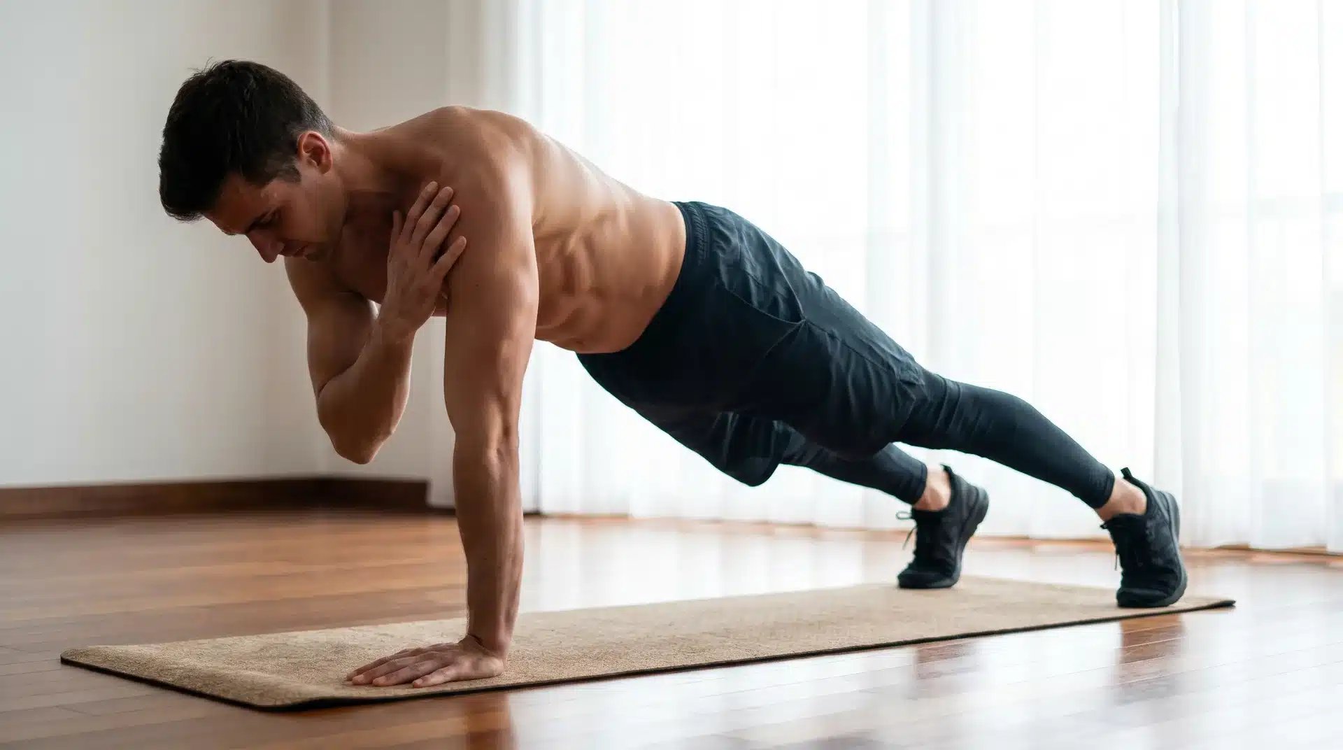 A shirtless man with short dark hair in athletic pants performing a plank shoulder tap on a yoga mat, lifting his left hand to tap his right shoulder.