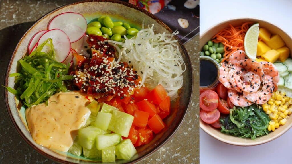 Two vibrant poke bowls side by side: one with salmon, diced mango, and avocado, and the other with shrimp, edamame, and corn.