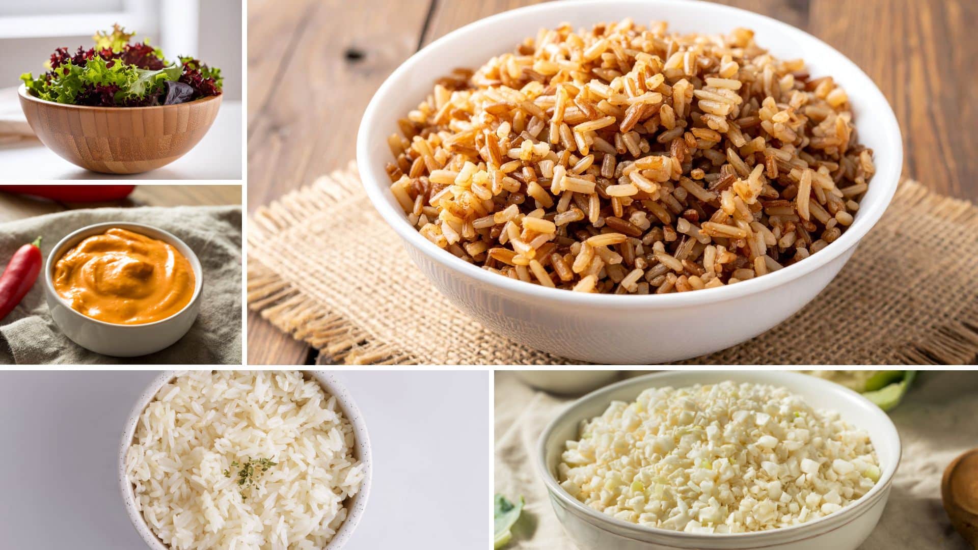 Collage of poke bowl bases and sauces, including brown rice, white rice, cauliflower rice, and a creamy sauce.