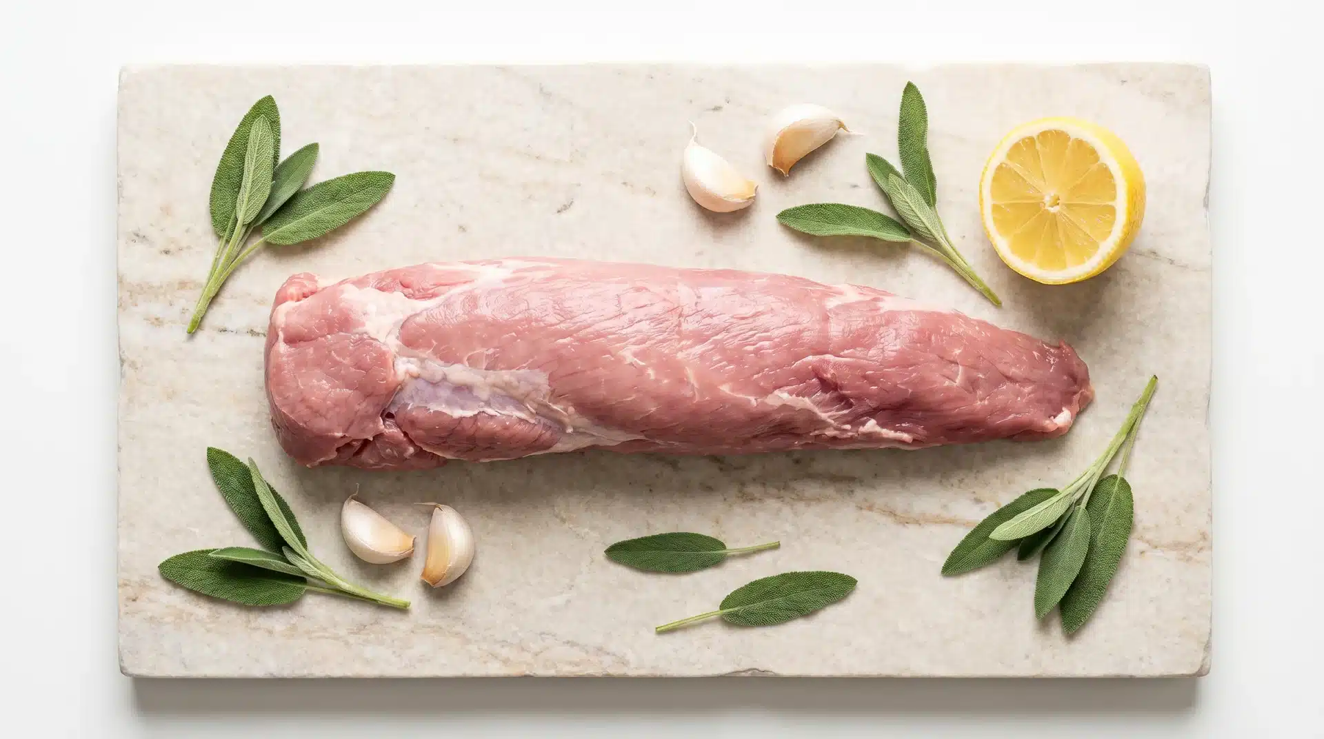 Raw pork tenderloin on a marble board with fresh sage leaves, garlic cloves, and a lemon slice.