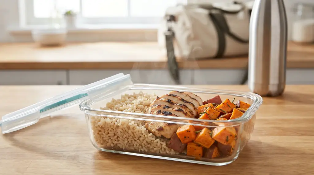 Alt Text: A meal prep container filled with sliced grilled chicken breast, brown rice, and roasted sweet potatoes, front to a water bottle and gym bag.