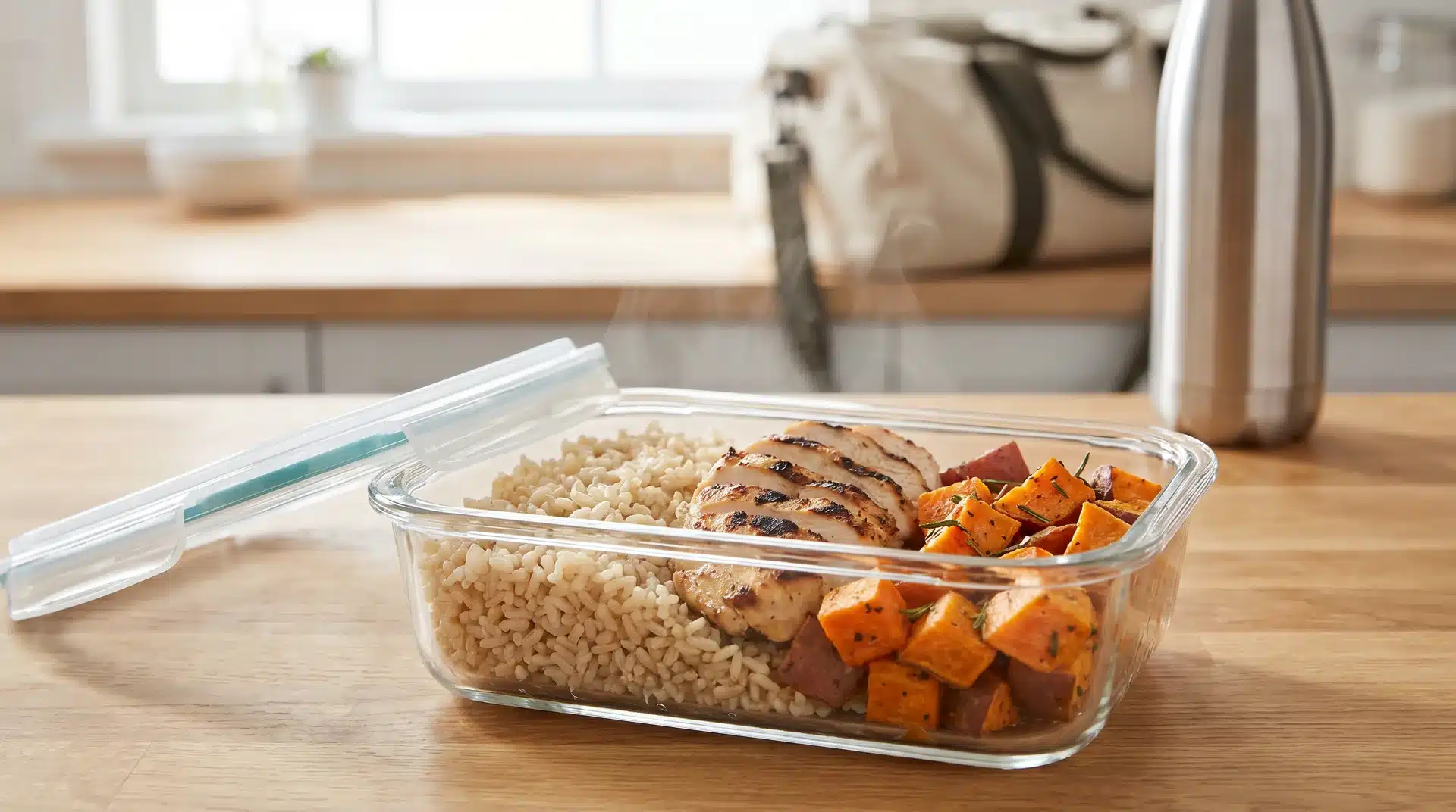 Alt Text: A meal prep container filled with sliced grilled chicken breast, brown rice, and roasted sweet potatoes, front to a water bottle and gym bag.