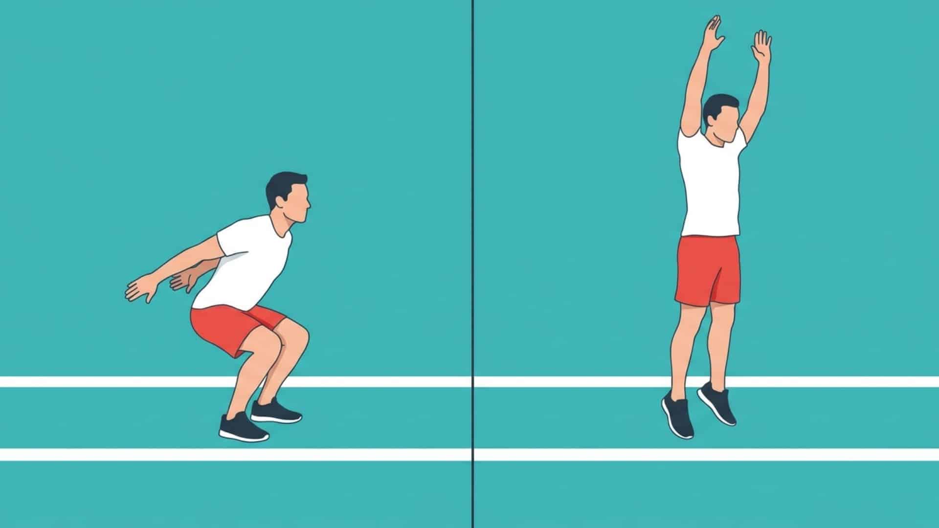 Warm-up exercise demonstrating squat and jump form to show how to improve vertical jump with proper mobility and movement prep.