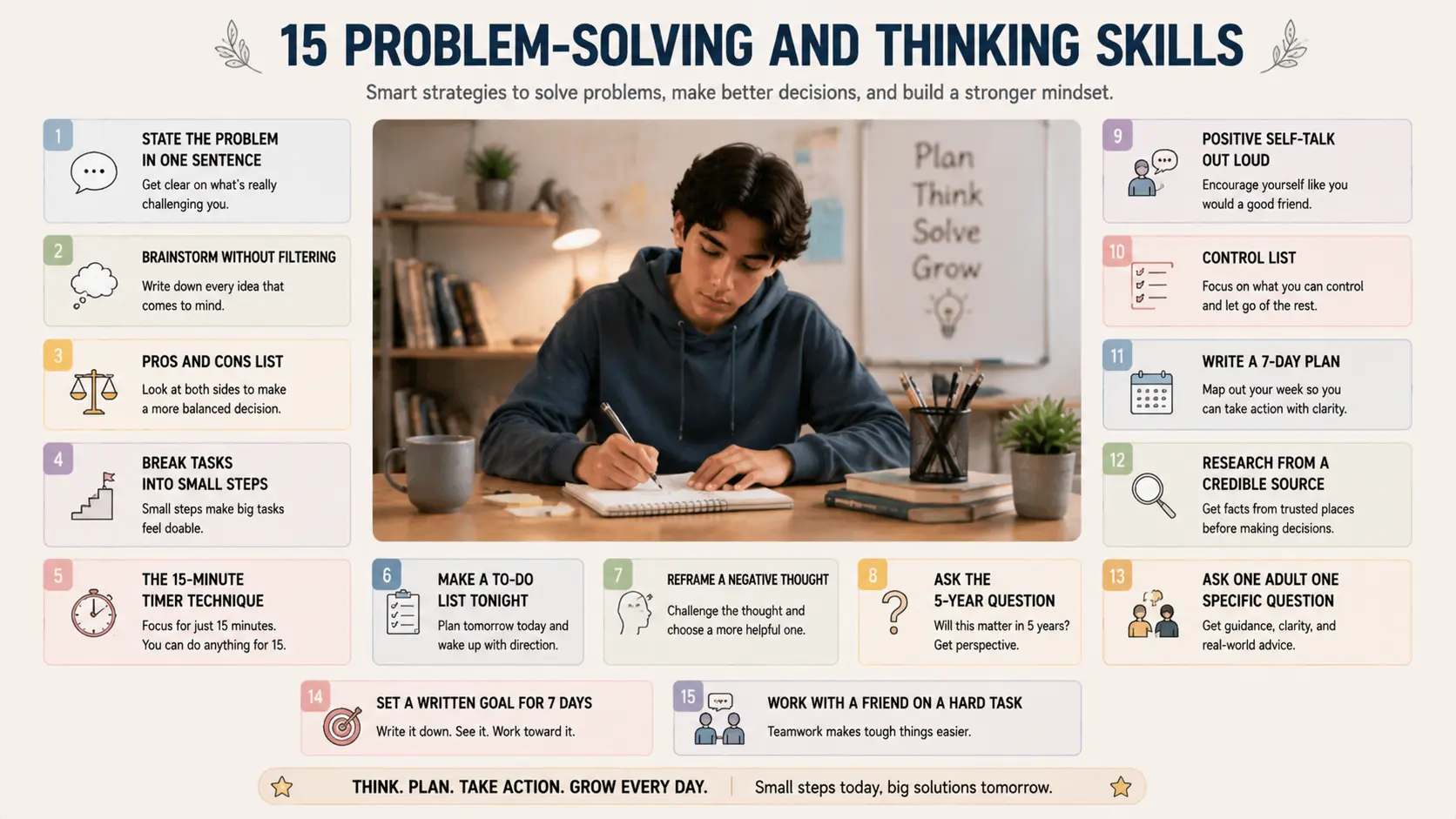 Infographic detailing 15 problem-solving and thinking coping skills for teen stress relief.
