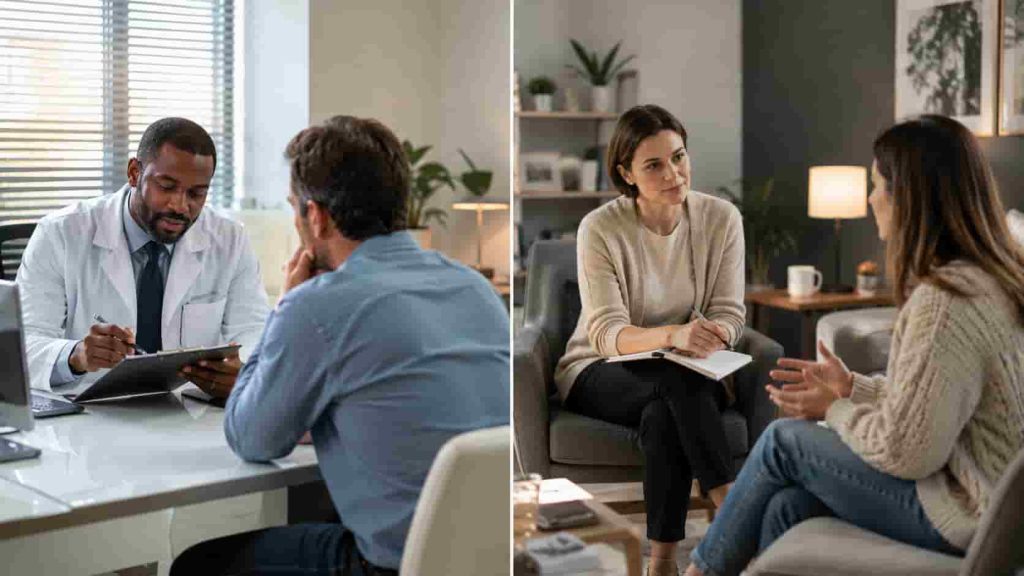 Side-by-side comparison photos illustrating a psychiatrist consultation and a psychological therapy session.