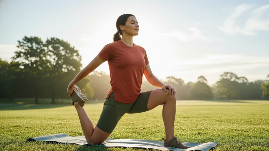 A woman on a yoga mat in a park doing a kneeling quad stretch, holding her back foot with one hand.