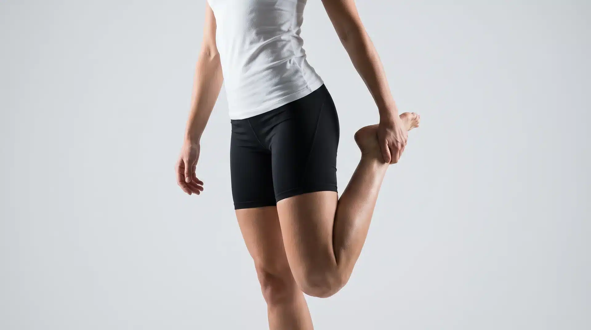 A person wearing a white tank top and black shorts standing indoors, pulling their foot back for a heel-to-glute stretch.
