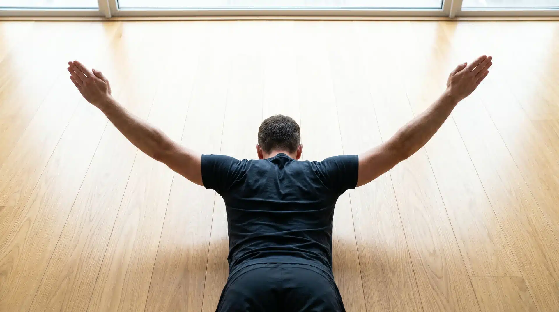 A back view of a man lying face down on a mat, performing a reverse snow angel by raising his upper body slightly and extending his arms out to the sides.