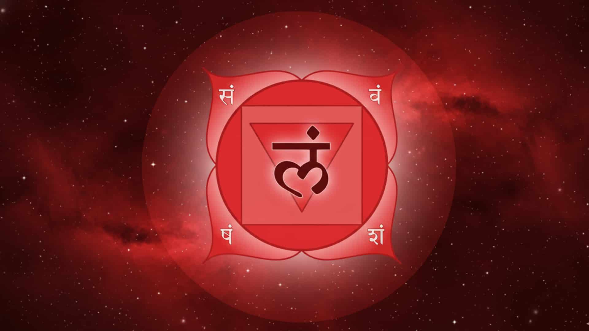 Red Root Chakra symbol featuring a four-petaled lotus and Sanskrit characters against a dark smoky background.