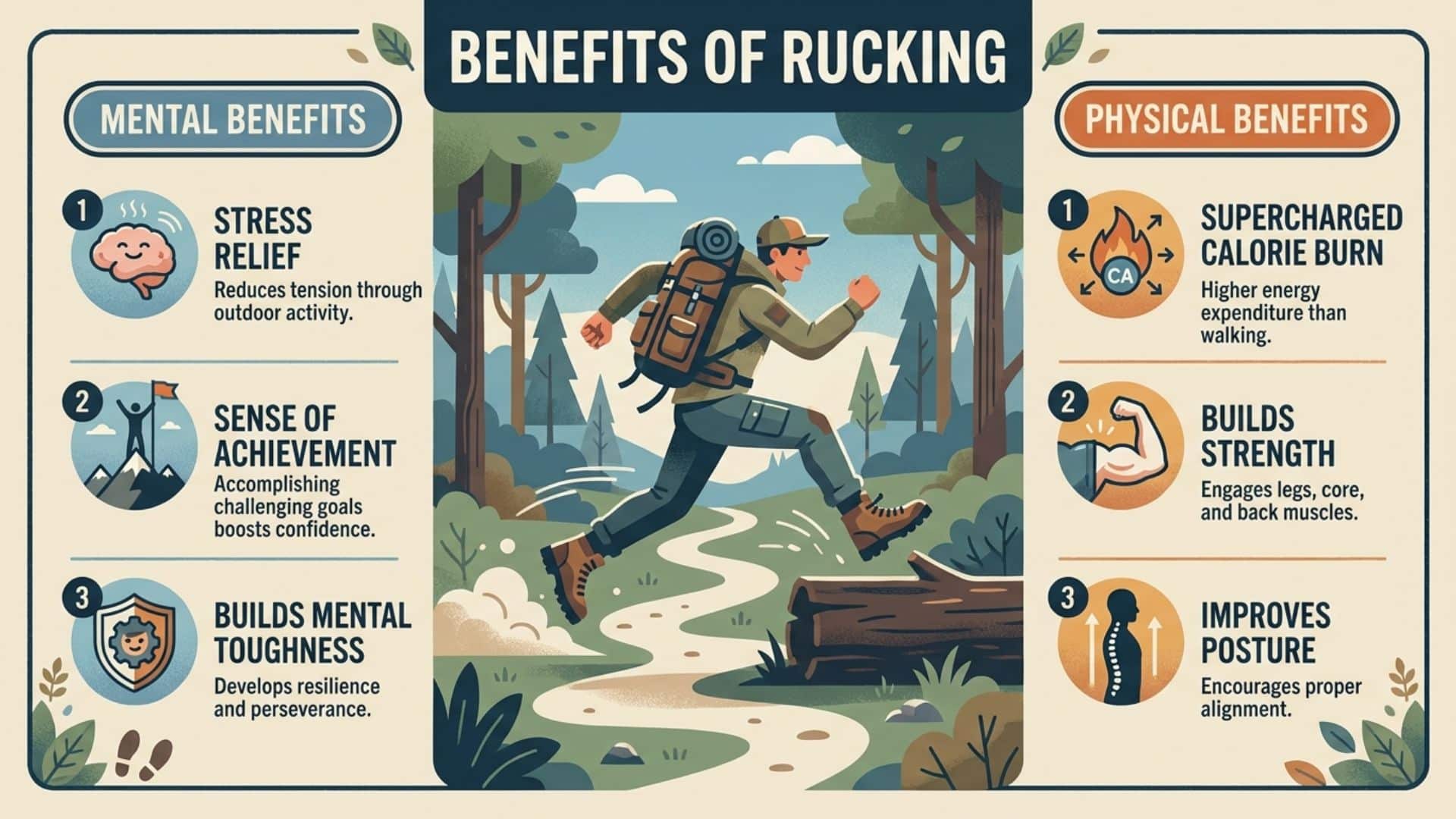 An infographic detailing the physical and mental benefits of rucking, featuring an illustration of a hiker with a weighted backpack.