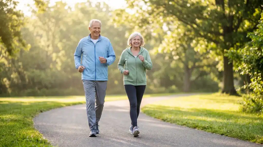 An active senior couple happily power walking together on a paved path in a sunny, green park.