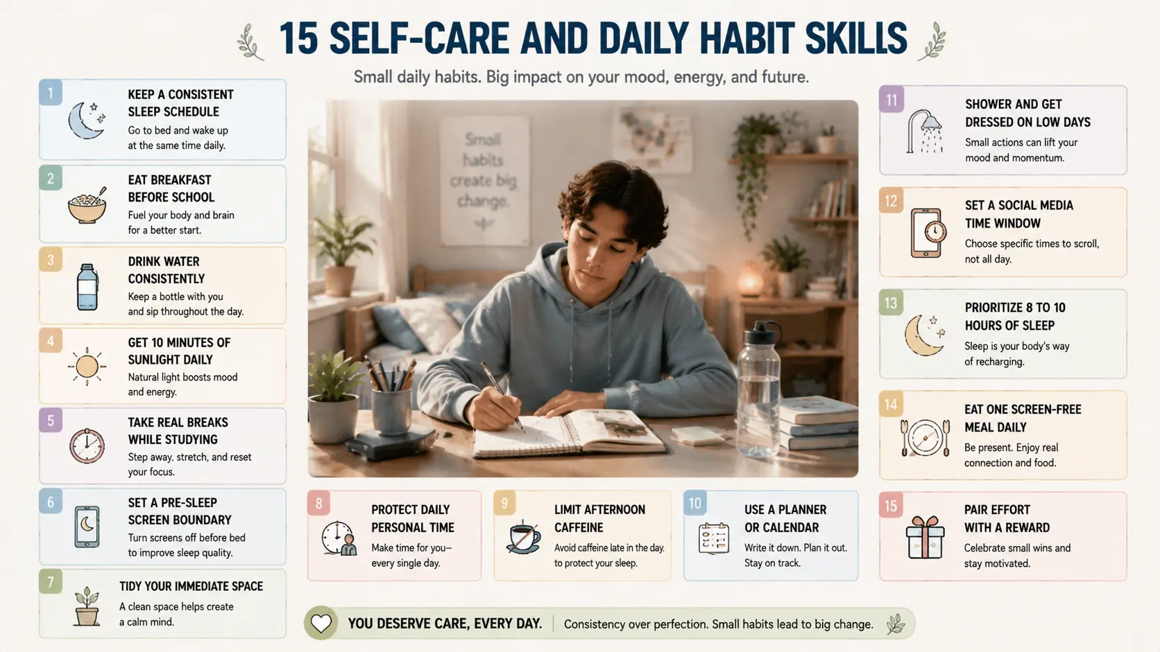 Infographic detailing 15 self-care and daily habit coping skills for teen stress relief.
