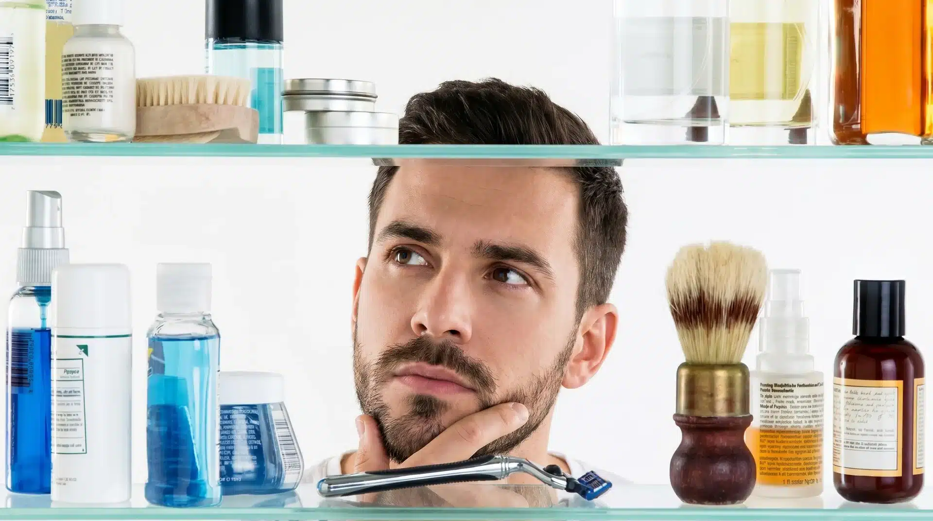 Man in a bathroom surrounded by male grooming products.