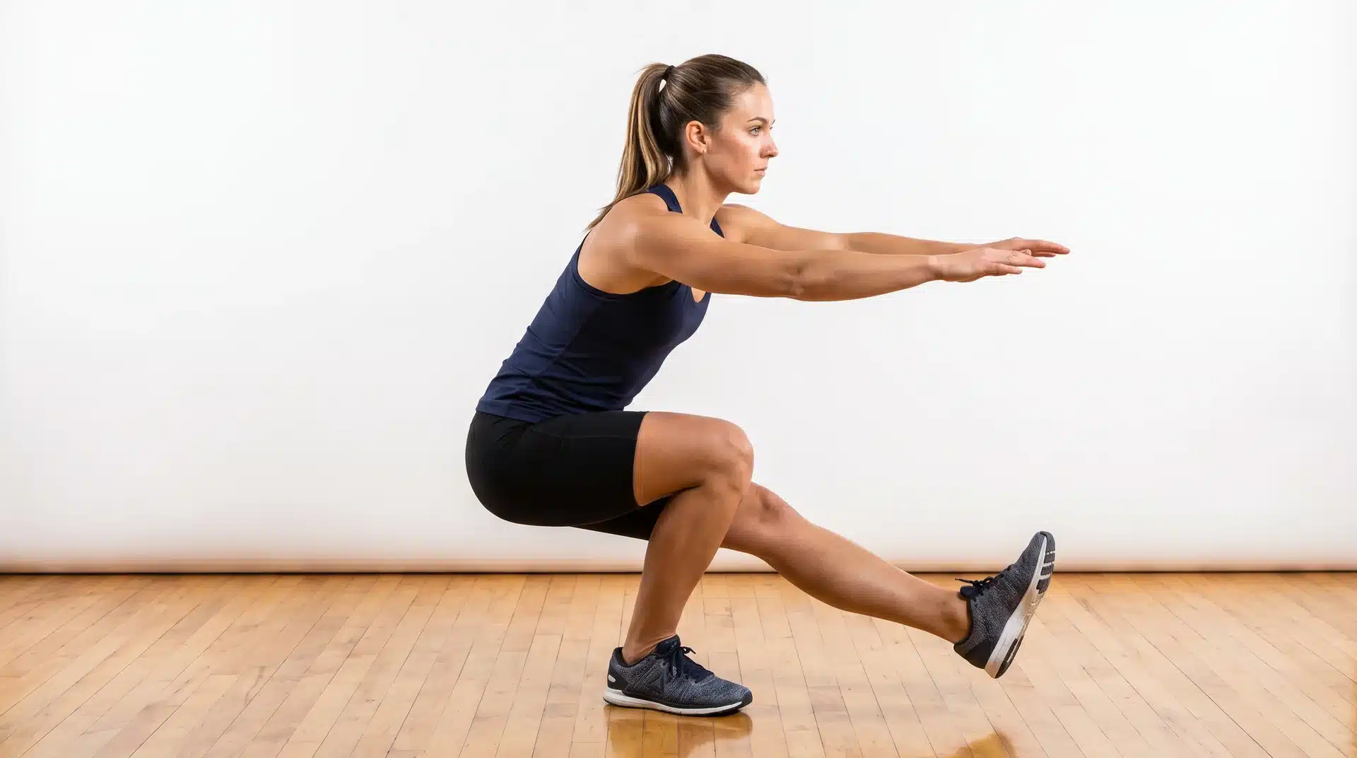 A woman in athletic wear performing a single-leg squat with her arms extended forward for balance, set against a bright studio background.