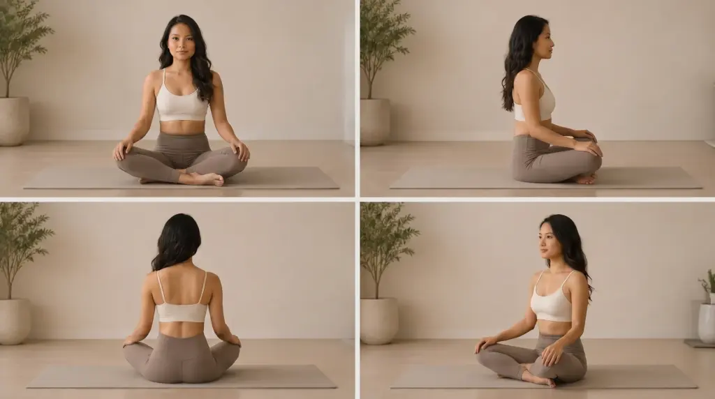 Grid of four images showing a woman demonstrating a sitting-on-legs yoga pose from different angles.