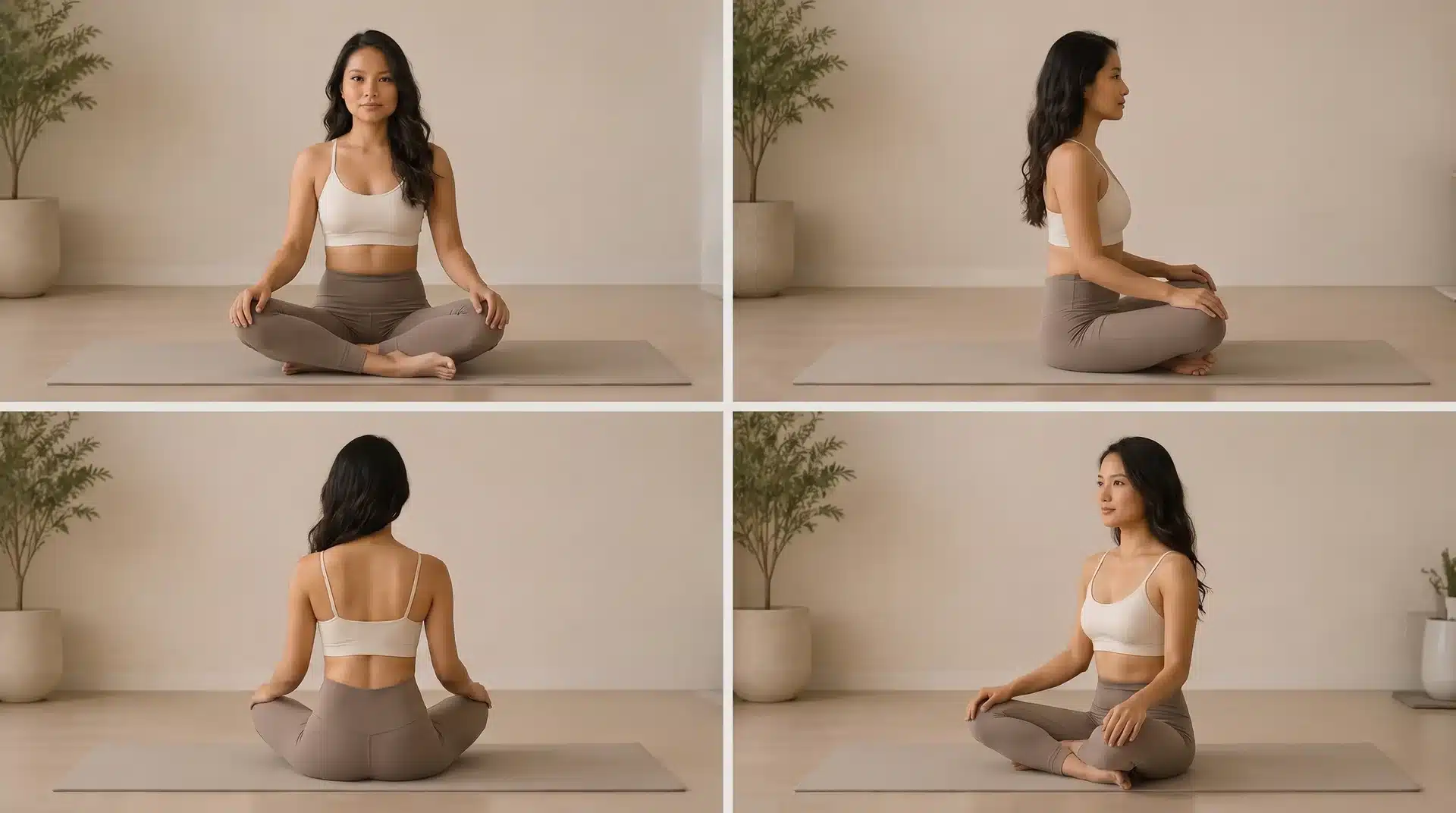 Grid of four images showing a woman demonstrating a sitting-on-legs yoga pose from different angles.