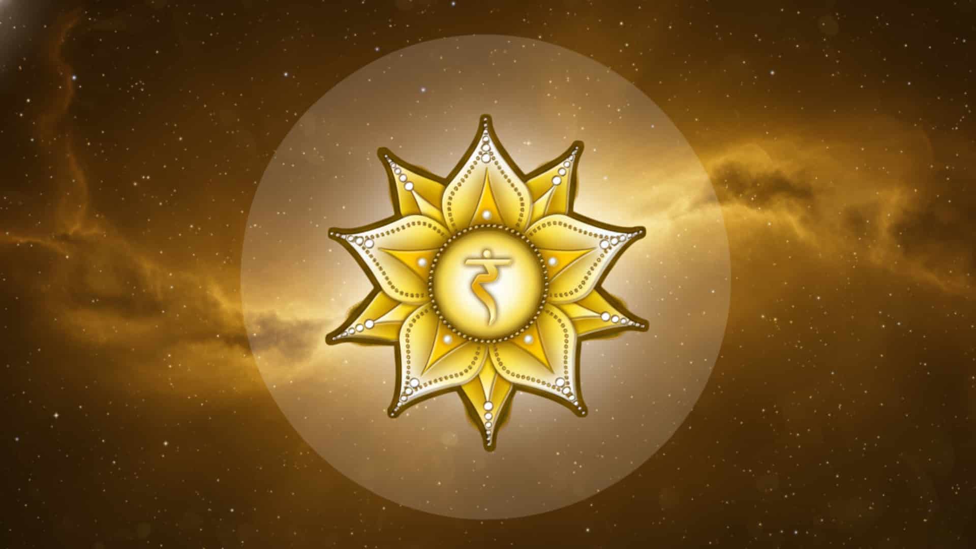 Yellow Solar Plexus Chakra symbol with a ten-petaled lotus and inverted triangle against a golden smoky background.