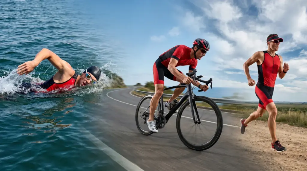 A collage of three triathletes in action: one swimming, one cycling on a road, and one running outdoors.
