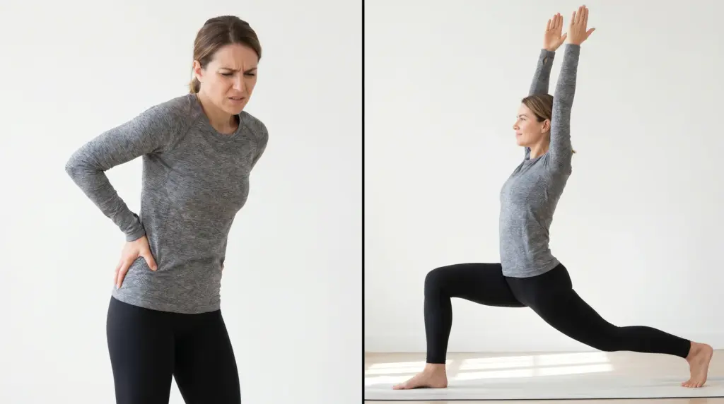 A side-by-side image,on the left, a woman holds her hip in pain; on the right, she performs a low lunge stretch with arms raised.