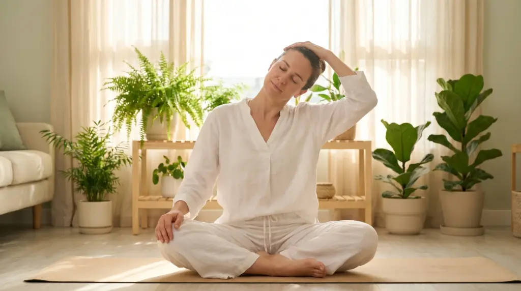 A woman sitting cross-legged on a yoga mat in a brightly lit living room, gently performing a side neck stretch by placing her hand on her head.