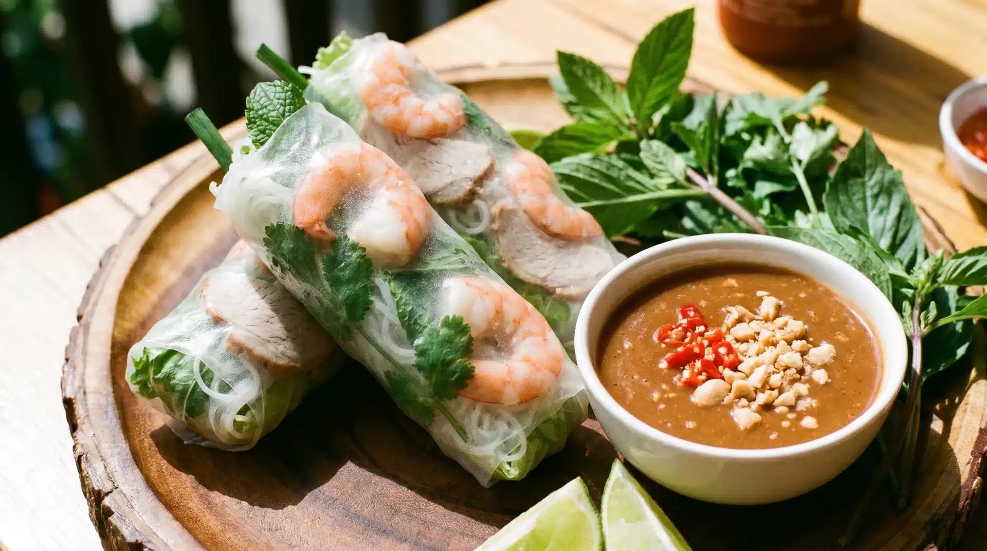 Three fresh spring rolls filled with shrimp and greens, served on a plate next to a small bowl of peanut dipping sauce.
