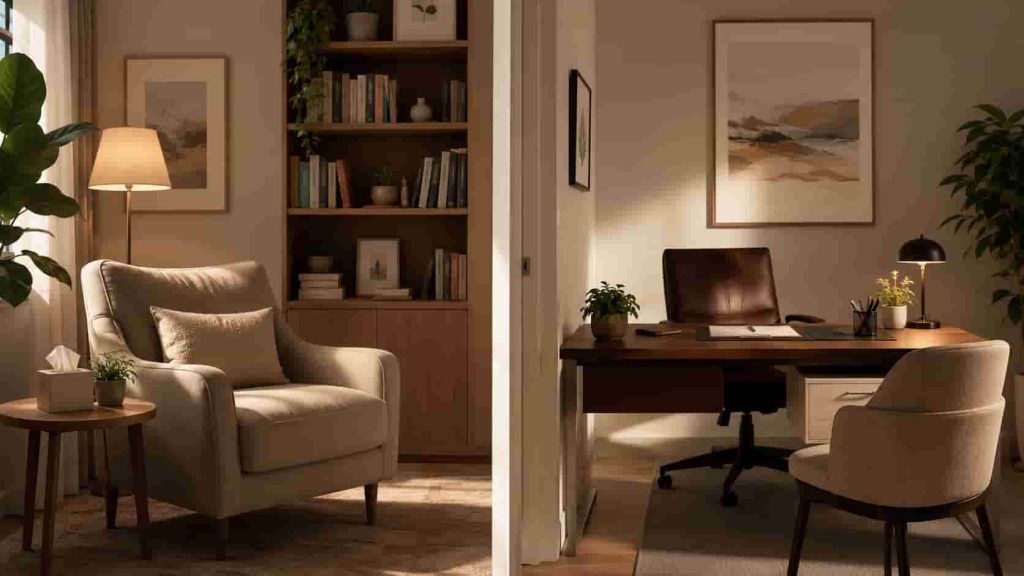 Split-screen showing a therapy room with an armchair on the left, and a professional psychiatry office with a desk and chair on the right.
