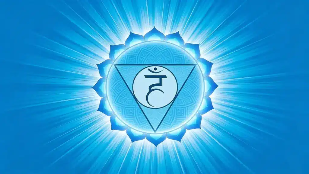 Blue throat chakra symbol (Vishuddha) with a central Sanskrit glyph against a radiating light blue background.