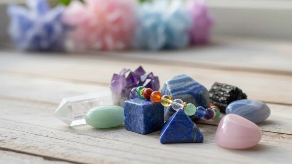 An assortment of colorful healing crystals, tumbled stones, and a chakra bracelet arranged on a light wooden surface.