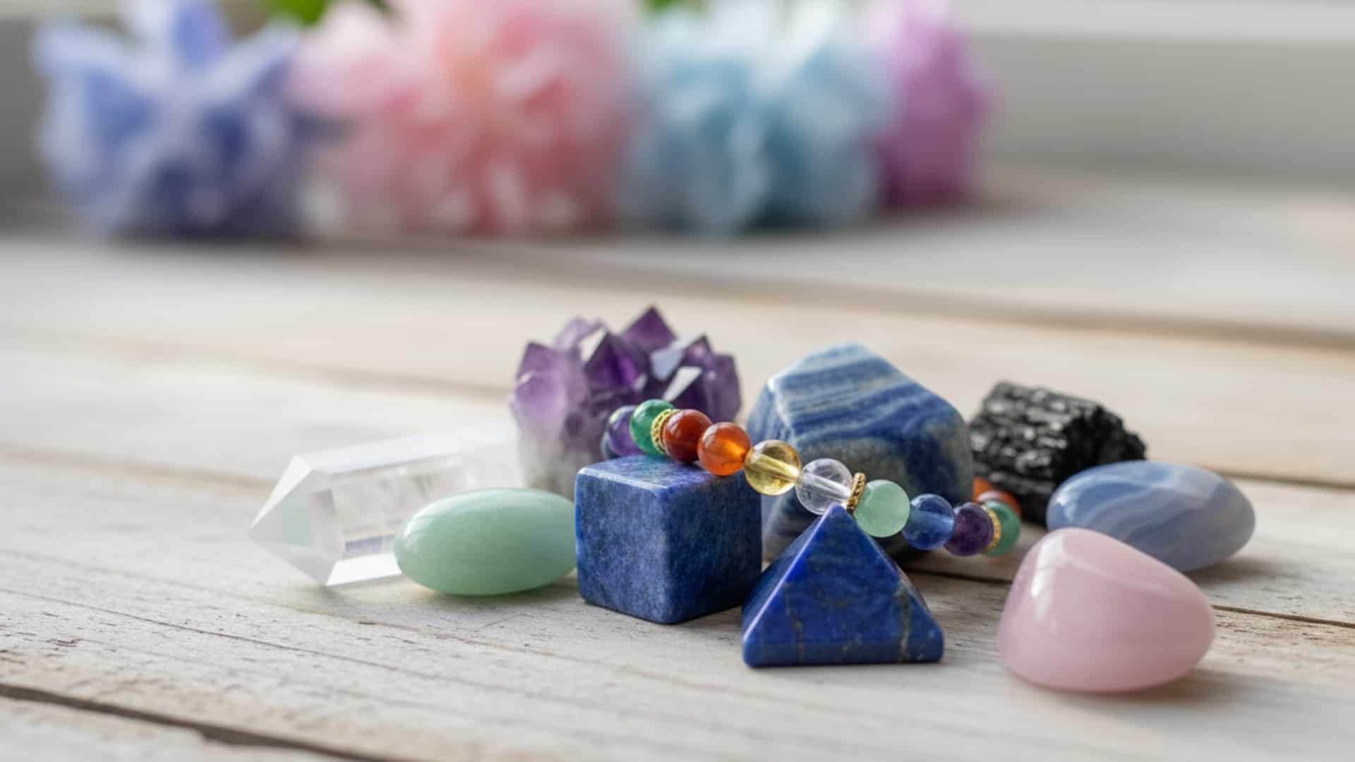 An assortment of colorful healing crystals, tumbled stones, and a chakra bracelet arranged on a light wooden surface.