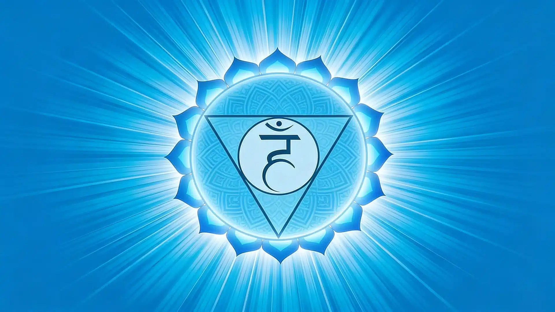 Blue throat chakra symbol (Vishuddha) with a central Sanskrit glyph against a radiating light blue background.