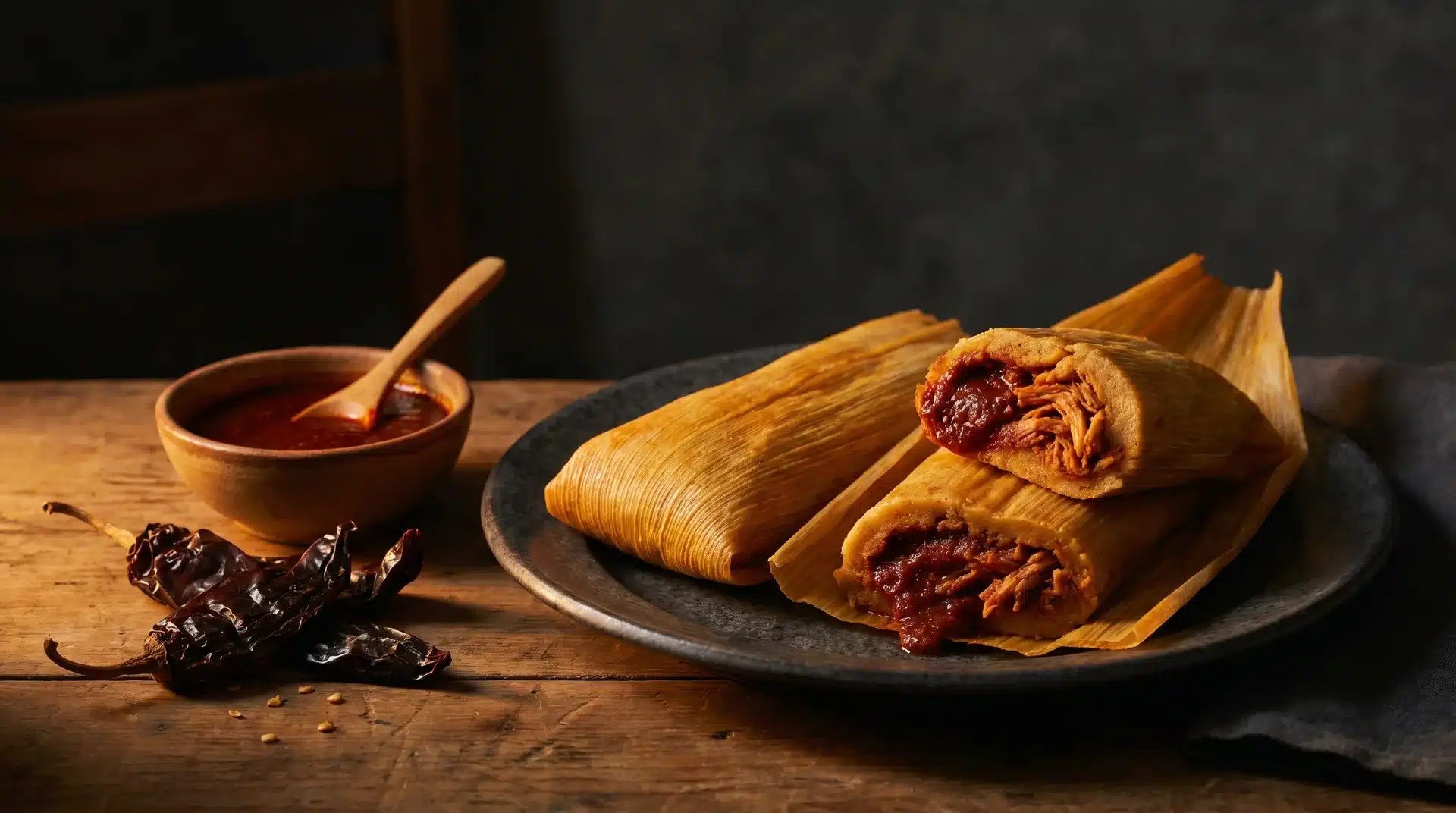 Alt Text: Two turkey tamales on a dark plate, served with a small bowl of red chile sauce and dried chiles on the side.