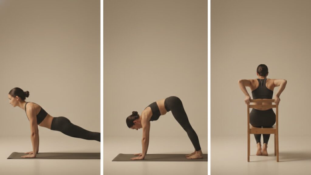 A collage of three images showing a woman in athletic wear performing a plank, a pike hold, and a tricep dip on a chair.
