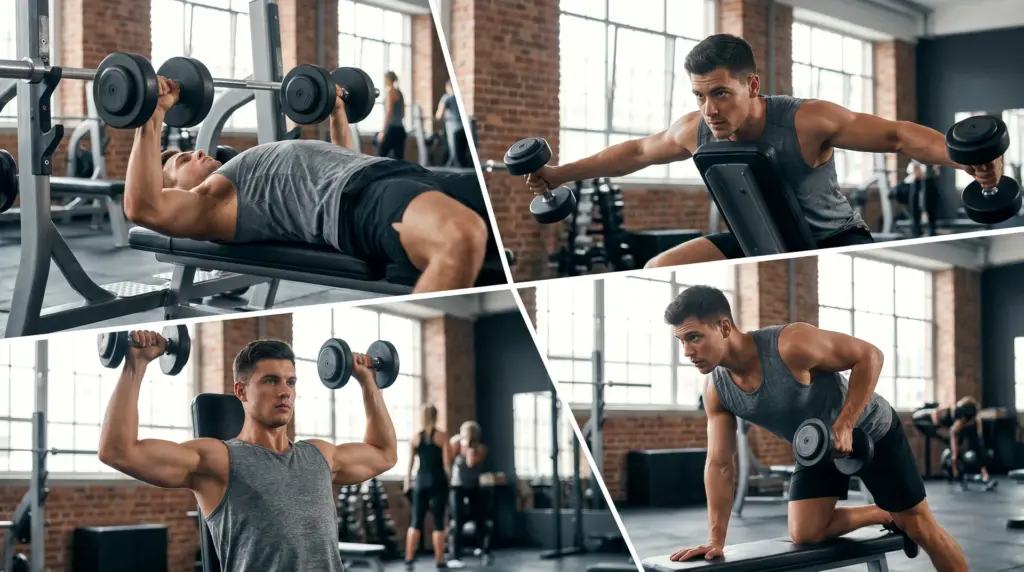 A collage of four images showing a man performing different upper body exercises with dumbbells in a gym setting.