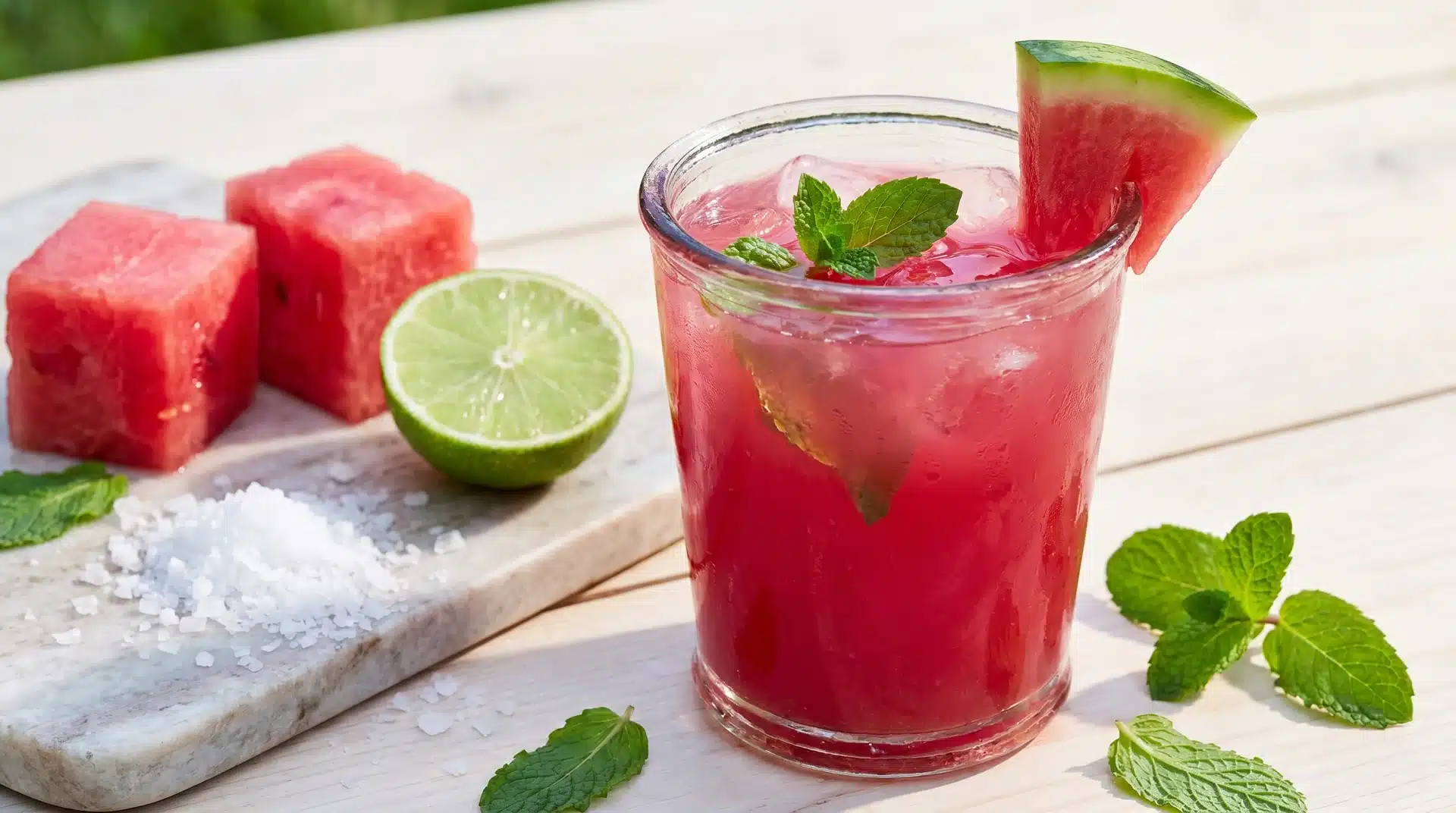 Glass of red watermelon juice with mint and lime, next to fresh watermelon cubes and sea salt on a white surface.